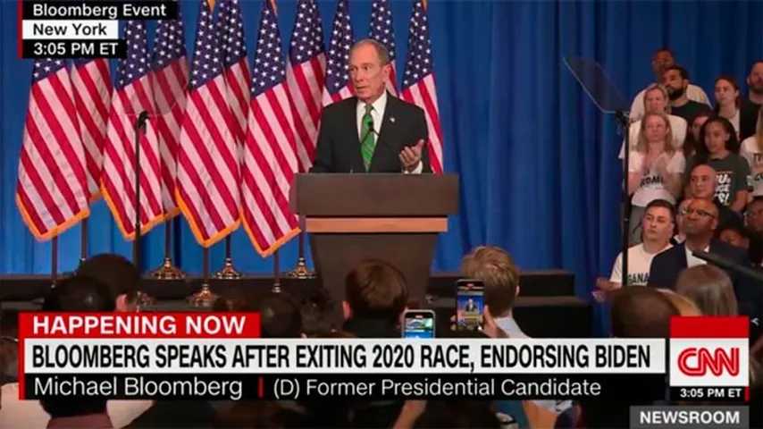 Michael Bloomberg, en el anuncio de su retirada para apoyar la candidatura de Joe Biden. (Foto: CNN)